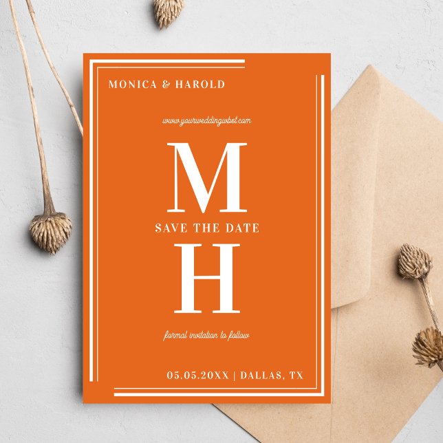 Bold Minimalist Monogram Bright Orange Wedding Save The Date (Creator Uploaded)