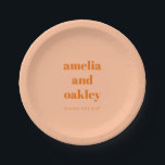 Bold Minimalist Peach Orange Retro Custom Wedding Paper Plate<br><div class="desc">Celebrate in style with these personalized wedding paper plates! Featuring a modern, minimalist design in a soft Peach Orange with crisp white typography, these plates add a chic and coordinated touch to your wedding reception, bridal shower, or engagement party. Customized with the couple’s names and wedding date, they’re perfect for...</div>