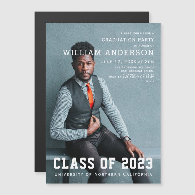 Bold Minimalist Photo Navy Blue Graduation Party Magnetic Invitation (Front/Back)