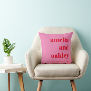 Bold Minimalist Pink and Red Retro Custom Wedding Throw Pillow