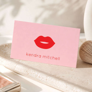 Bold Minimalist Red Lips Logo Makeup Artist Pink Business Card