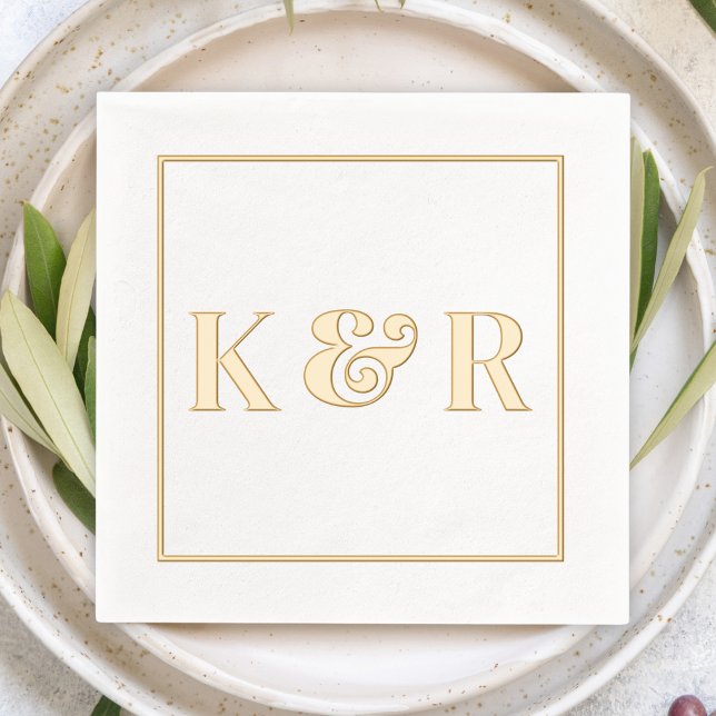 Bold Minimalist Simple Couple Initial Wedding Foil Napkins (Gold foil wedding cocktail napkin bold modern couple's initials with ampersand and border elegant )