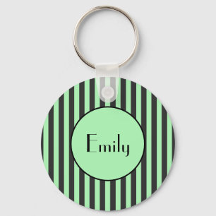 Bold Mint Green & Black Stripe Personalized Keychain