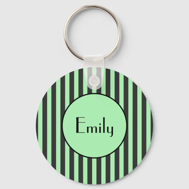 Bold Mint Green & Black Stripe Personalized Keychain (Front)