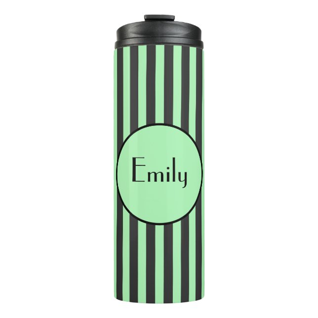 Bold Mint Green & Black Stripe Personalized  Thermal Tumbler (Front)