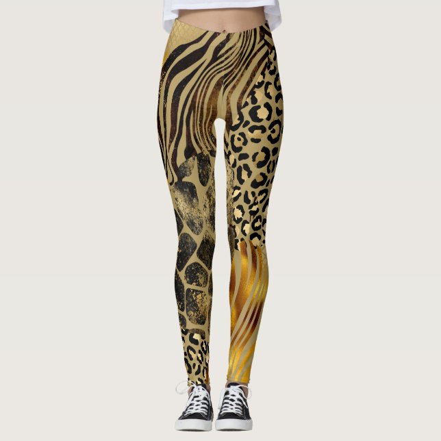 Bold Mixed Animal Prints Gold Accents Leggings (Front)