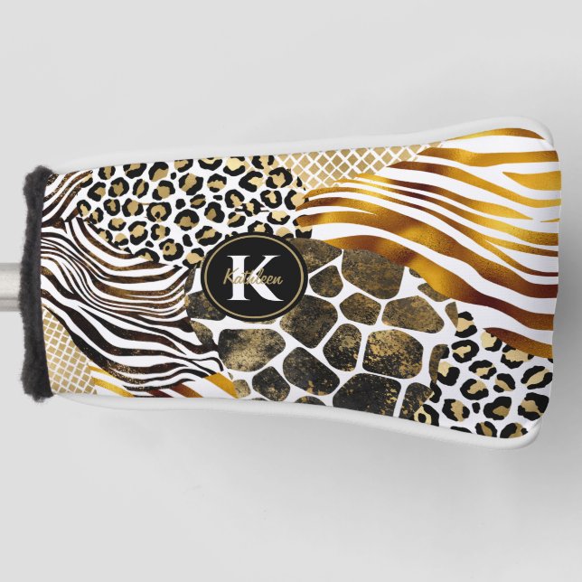 Bold Mixed Animal Prints with Gold Accents Putter Golf Head Cover (Front)