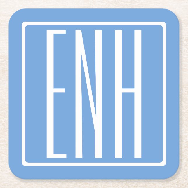 Bold Modern 3 Initials Monogram | Soft Blue Square Paper Coaster (Front)