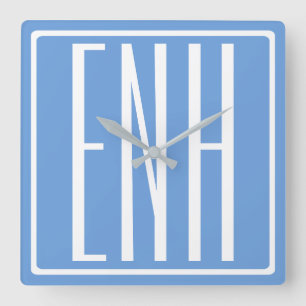 Bold Modern 3 Initials Monogram Soft Blue Square Wall Clock