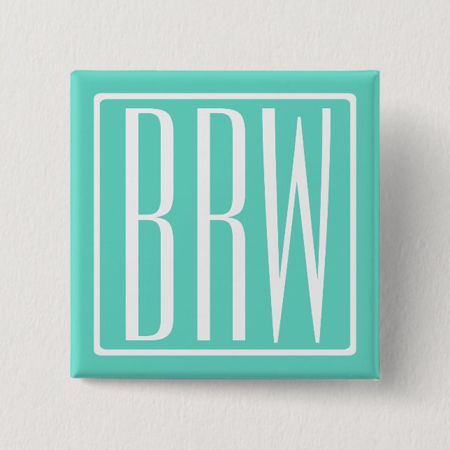Bold Modern 3 Initials Monogram | White On Aqua 2 Inch Square Button (Front)