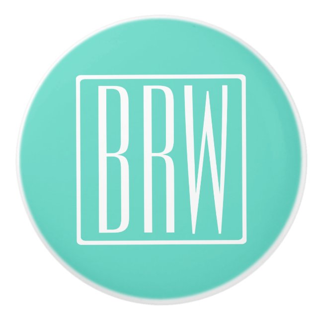 Bold Modern 3 Initials Monogram | White On Aqua Ceramic Knob (Front)