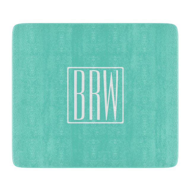 Bold Modern 3 Initials Monogram | White On Aqua Cutting Board (Front)