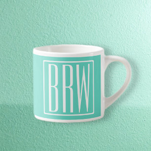 Bold Modern 3 Initials Monogram   White On Aqua Espresso Cup
