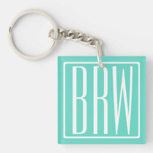 Bold Modern 3 Initials Monogram   White On Aqua Keychain