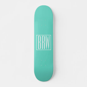 Bold Modern 3 Initials Monogram White On Aqua Skateboard