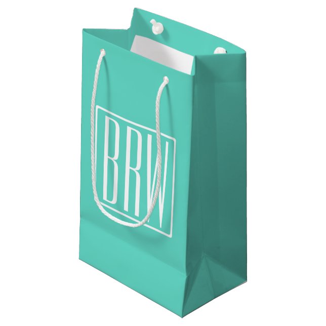 Bold Modern 3 Initials Monogram | White On Aqua Small Gift Bag (Front Angled)