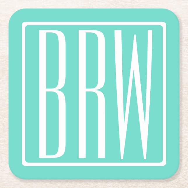 Bold Modern 3 Initials Monogram | White On Aqua Square Paper Coaster (Front)