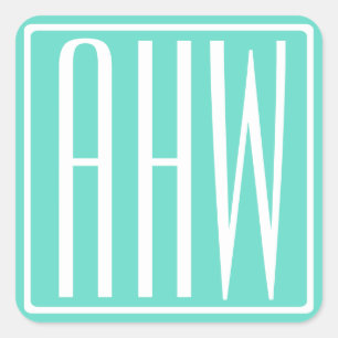 Bold Modern 3 Initials Monogram   White On Aqua Square Sticker