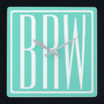 Bold Modern 3 Initials Monogram | White On Aqua Square Wall Clock<br><div class="desc">Classy,  bold & modern.</div>