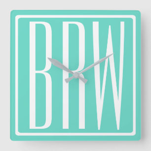 Bold Modern 3 Initials Monogram White On Aqua Square Wall Clock