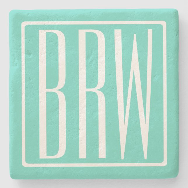 Bold Modern 3 Initials Monogram | White On Aqua Stone Coaster (Front)