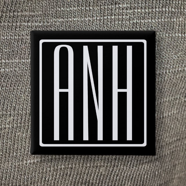 Bold Modern 3 Initials Monogram | White On Black 2 Inch Square Button (Creator Uploaded)