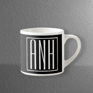 Bold Modern 3 Initials Monogram   White On Black Espresso Cup