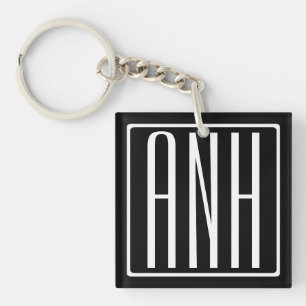 Bold Modern 3 Initials Monogram   White On Black Keychain