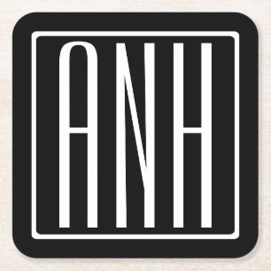 Bold Modern 3 Initials Monogram   White On Black Square Paper Coaster