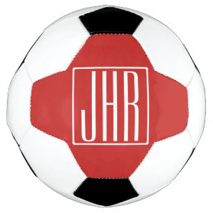 Bold Modern 3 Initials Monogram   White On Red Soccer Ball