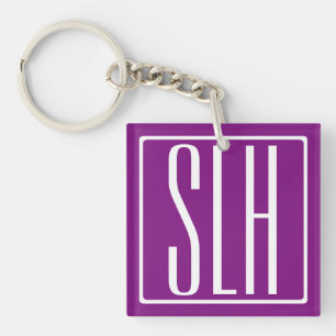 Bold Modern 3 Initials Monogram White & Purple Keychain