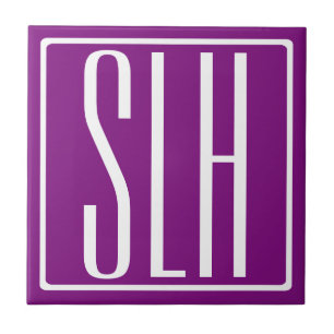 Bold Modern 3 Initials Monogram White & Purple Tile