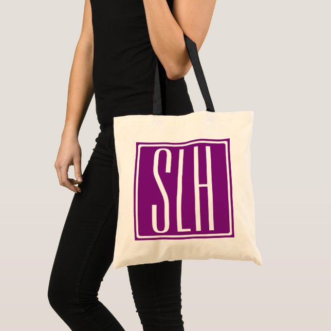Bold Modern 3 Initials Monogram | White & Purple Tote Bag (Front (Product))