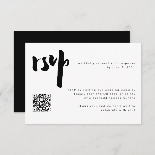 Bold Modern Black Brush Script Wedding QR Code RSVP Card (Front/Back)