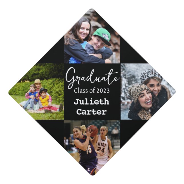 Bold Modern Black | Personalized Photo Name Graduation Cap Topper (Front)