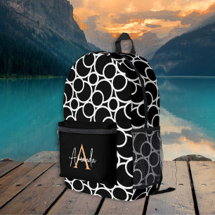 Bold Modern Black & White Pattern with Monogram Printed Backpack