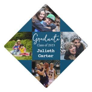 Bold Modern Blue   Personalized Photo Name Graduation Cap Topper