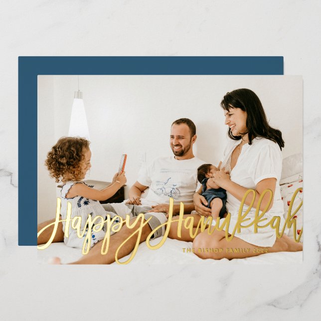 Bold Modern Calligraphy Happy Hanukkah Photo  Foil Holiday Card (Front/Back)