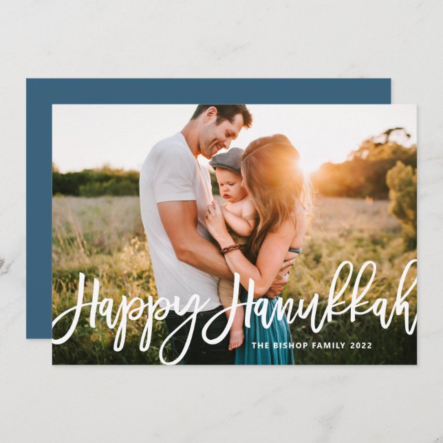 Bold Modern Calligraphy Happy Hanukkah Photo  Holiday Card (Front/Back)