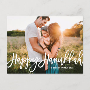 Bold Modern Calligraphy Happy Hanukkah Photo  Holiday Postcard