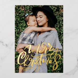Bold Modern Calligraphy Photo Merry Christmas Foil Holiday Card