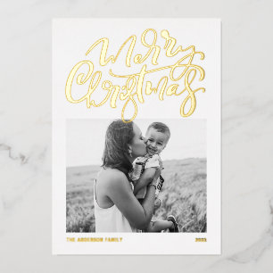 Bold Modern Calligraphy Photo Merry Christmas Foil Holiday Card