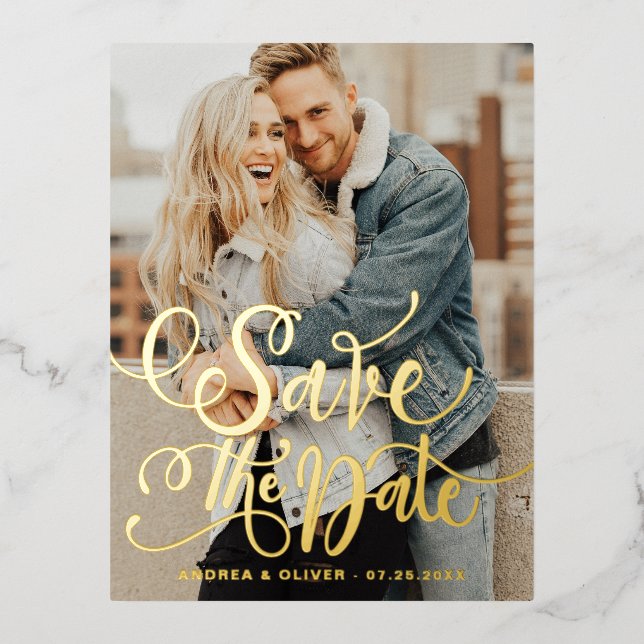 Bold Modern Calligraphy Photo Save the Date Foil Invitation Postcard (Front)