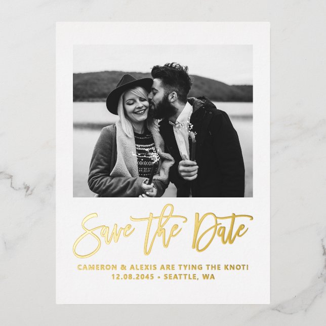 Bold Modern Calligraphy Photo Save the Date Gold Foil Invitation Postcard (Front)