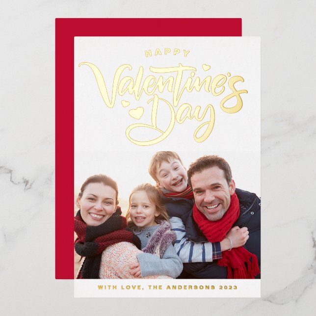 Bold Modern Calligraphy Photo Valentine's Day Gold Foil Holiday Card (Front/Back)