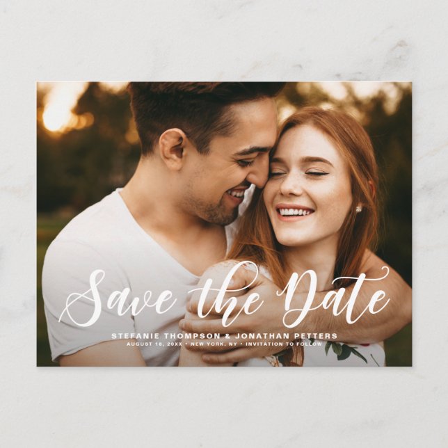 Bold Modern Calligraphy Save the Date Photo Announcement Postcard (Front)