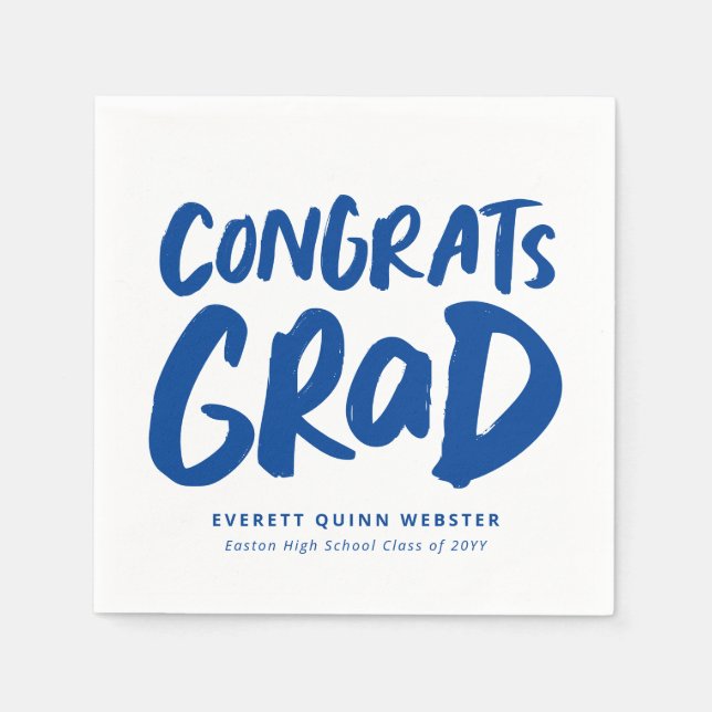 Bold modern congrats grad blue graduation party napkin (Front)
