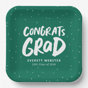 Bold modern congrats grad green graduation party paper plate