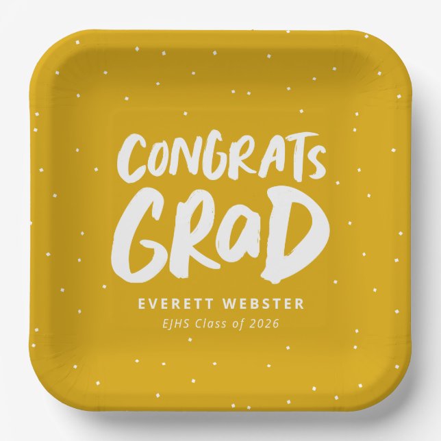 Bold modern congrats grad yellow graduation party paper plate (Front)