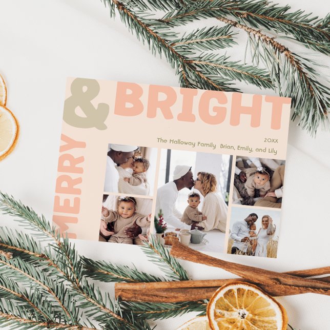 Bold Modern Coral Merry And Bright Five Photo Holiday Card (Creator Uploaded)